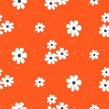 Kırmızı arkaplanda beyaz papatya desensiz desen.