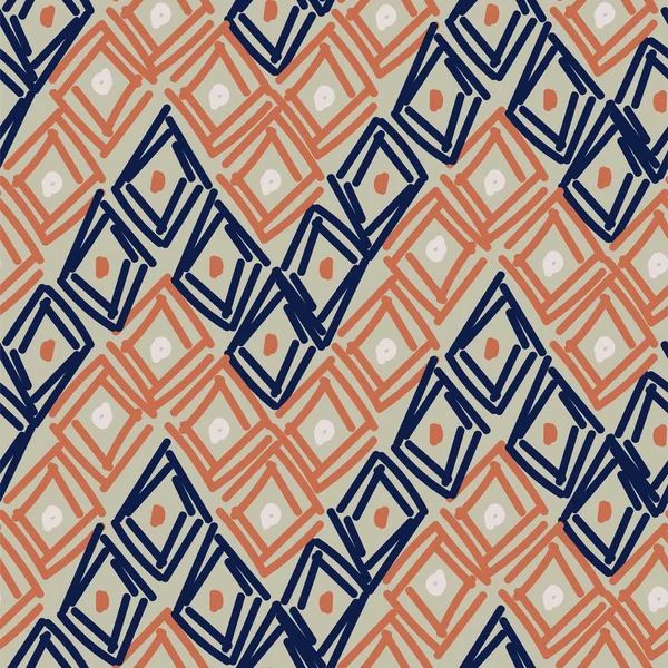 Rhombuses ručně kreslené abstraktní tvary bezešvé vzor. Modré hnědé opakování pozadí pro zábal, textil a potisk. — Stockový vektor