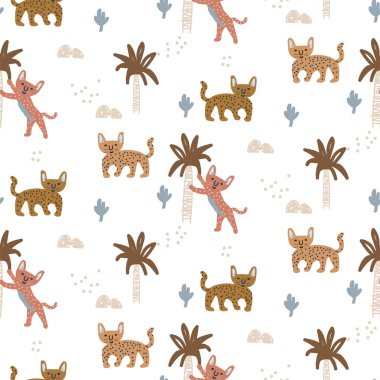 Soyut ağaçlı egzotik vahşi kedi deseni. El çizimi şirin tasarım vektör dokusu.