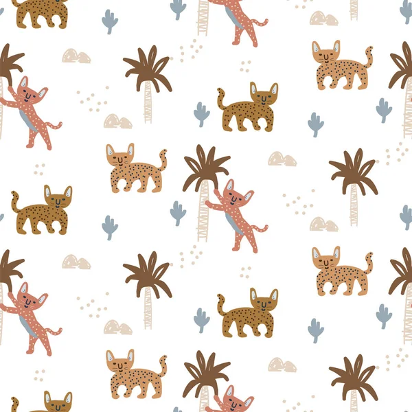 Exotické divoké kočky bezešvé vzor s abstraktními stromy. Ručně kreslený roztomilý design vektorové textury. — Stockový vektor