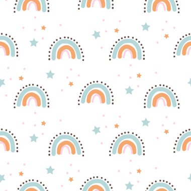 Rainbow cute shapes baby theme seamless pattern. Scallop archs repeat background for wrap, textile and print kids design.