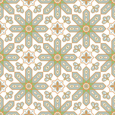 Arabic style tile seamless pattern. Moroccan ceramic tiles design pastel blue gold colors.