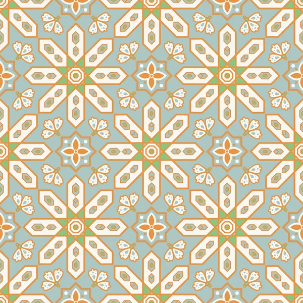 Arabic style tile seamless pattern. Moroccan ceramic tiles design pastel blue gold colors. — 스톡 벡터