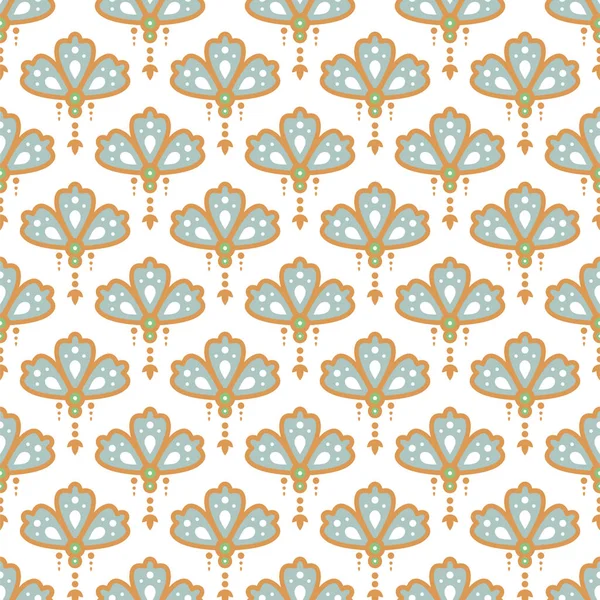 Floral pendant shape seamless pattern. Soft blue and gold colors drop design background. — ストックベクタ