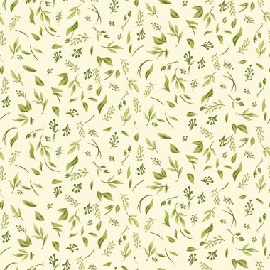 Bitkiler ve yapraklarla dikişsiz bir desen. Vektör yeşil ve beyaz yoğun arkaplan.