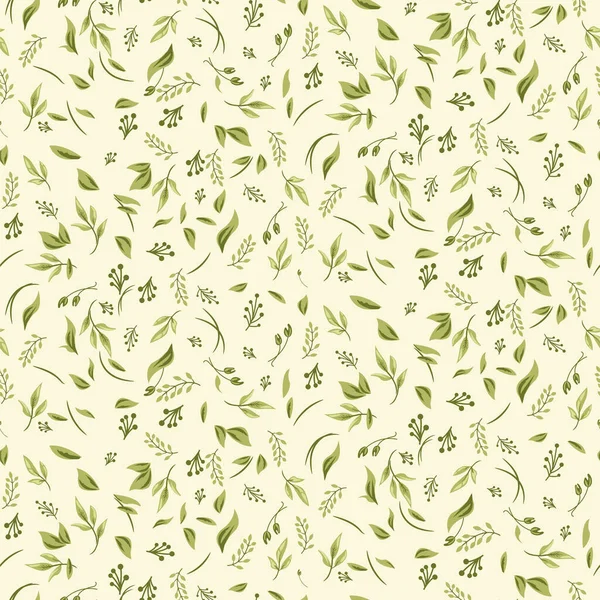 Laubnahtloses Muster mit Pflanzen und Blättern. Vektor grün und weiß dichten Hintergrund. — Stockvektor
