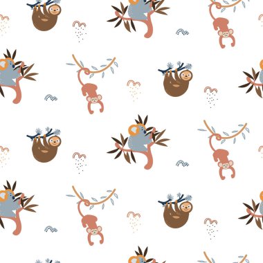 Orman hayvanları sevimli, pürüzsüz model vektörleriyle eğlenir. Maymun, koala ve miskin ile çocuksu karikatür geçmişi.