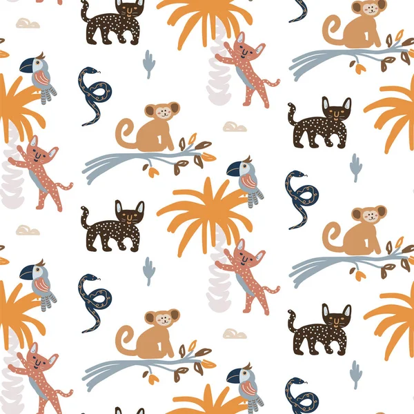 Cute jungle animals night scene seamless pattern vector. Childish cartoon background with monkey, jaguar and parrot. — Stock Vector