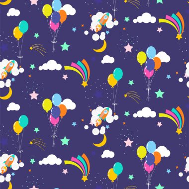 Balonlu ve kuyruklu yıldızlı şenlikli yıldız gökyüzü kozmik, pürüzsüz vektör deseni mor arka plan parlak renkleri.