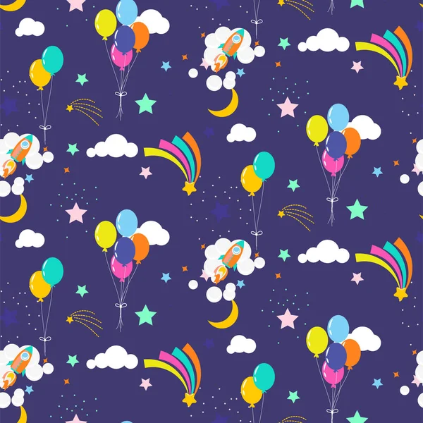 Festive ciel étoilé avec des ballons et des comètes cosmiques sans couture vectoriel fond violet couleurs vives . — Image vectorielle