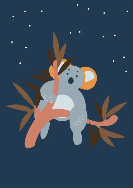 Beruang koala lucu duduk di pohon eukaliptus desain poster vertikal. - Stok Vektor