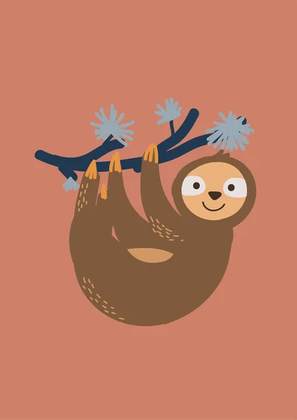 Lindo perezoso en árbol rama vector ilustración. Dibujos animados infantiles animal print design . — Vector de stock