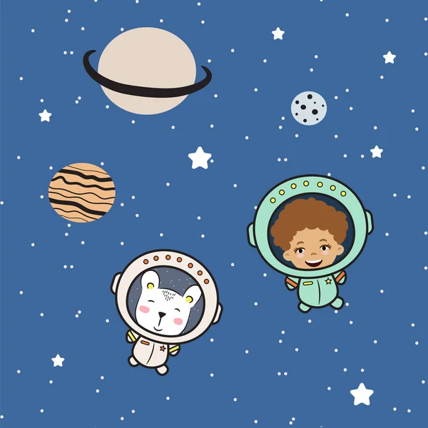 Netter Junge Astronaut Und Bär Cartoon Niedlichen Kinder Illustration Vektor — Stockvektor