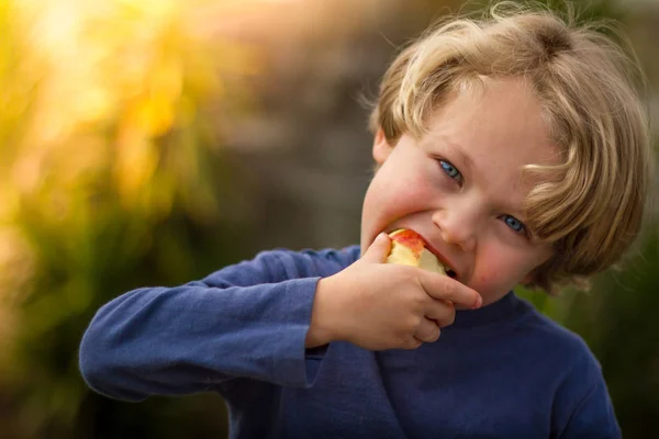 Niño de 5 años comiendo una manzana —  Fotos de Stock