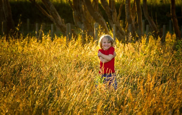 sevimli sarışın çocuk bir alanda gün batımında