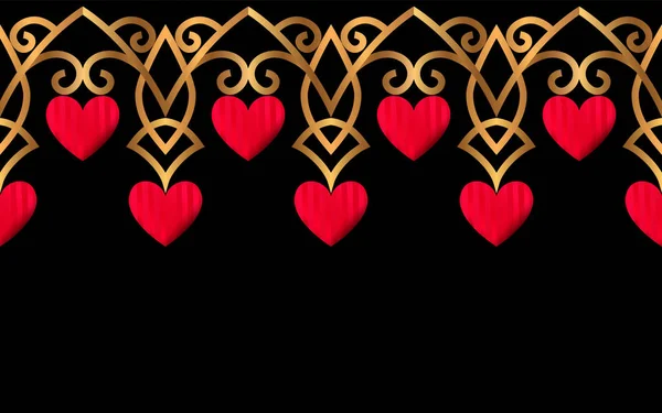 Kırmızı Kalpler Siyah Altın Süsleme Ile Kesintisiz Yatay Kenarlık Sevgililer — Stok Vektör