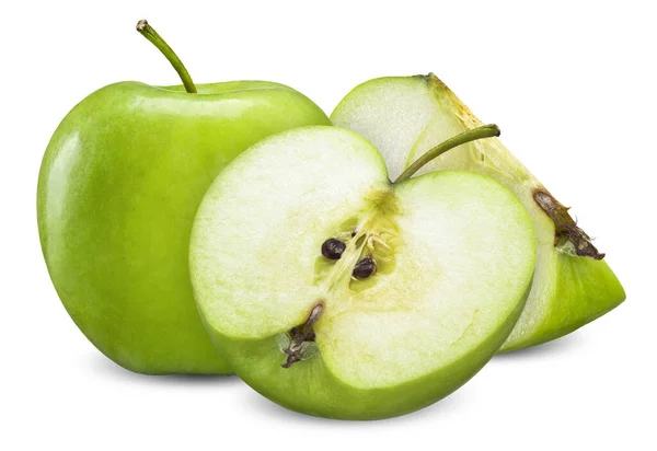 Grönt Äpple Och Skiva Isolerad Vit Äpple Klippning Väg — Stockfoto