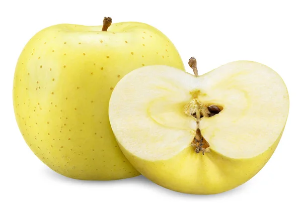 Žluté Jablko Napůl Izolované Bílé Jablečná Stopa — Stock fotografie