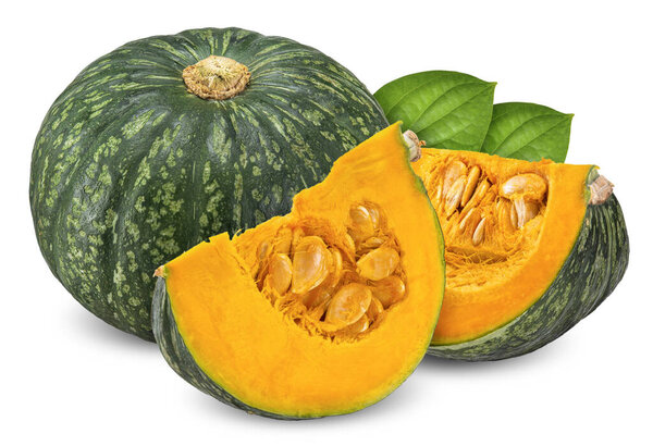 Green pumpskin and slice with leaf isolated on white, pumpkin clipping path