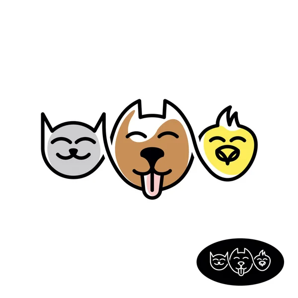 Logo de la tienda de mascotas. Divertido gato, perro y pájaro cabezas estilo lineal — Vector de stock