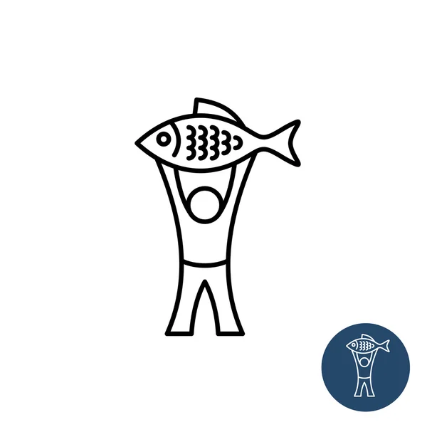 Balıkçı simgesi. Büyük balık ile mutlu bir adam siyah doğrusal stil logosu. — Stok Vektör