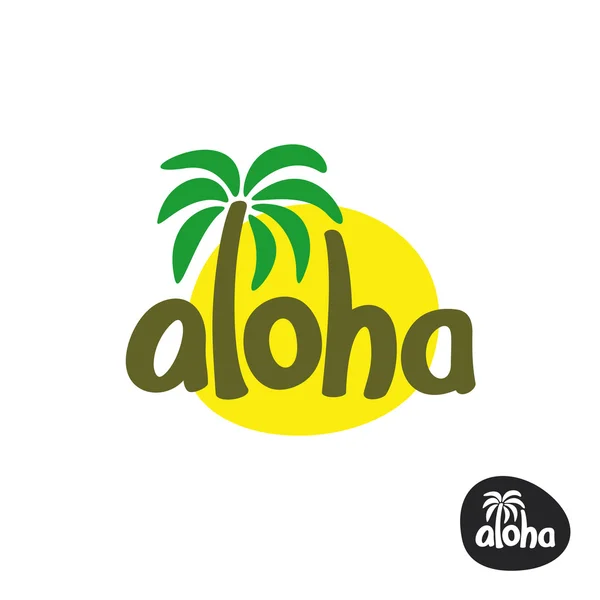 Логотип слова "Алоха" с пальмой и силуэтом солнца — стоковый вектор