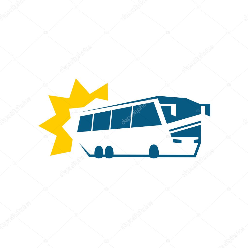 Bus symbol. Passenger bus silhouette with sun rays.