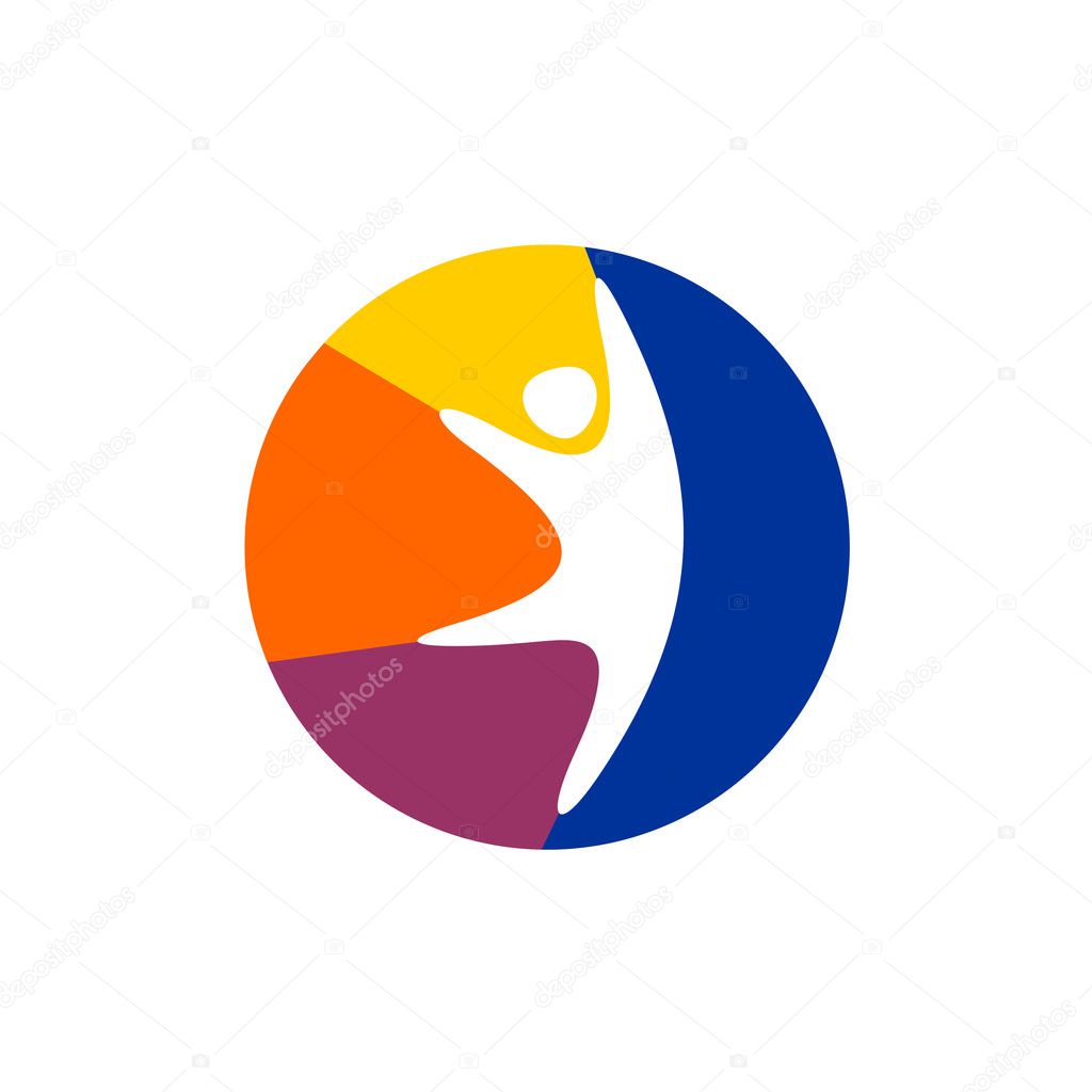 Happy man logo. Jumping man with colorful vibrant ball background symbol. Kids club concept.
