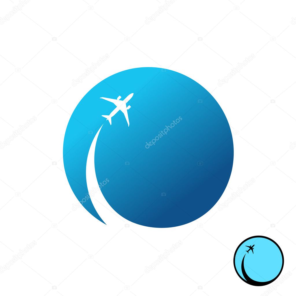 Airplane with sky round logo. Jet plane with inversion trail.