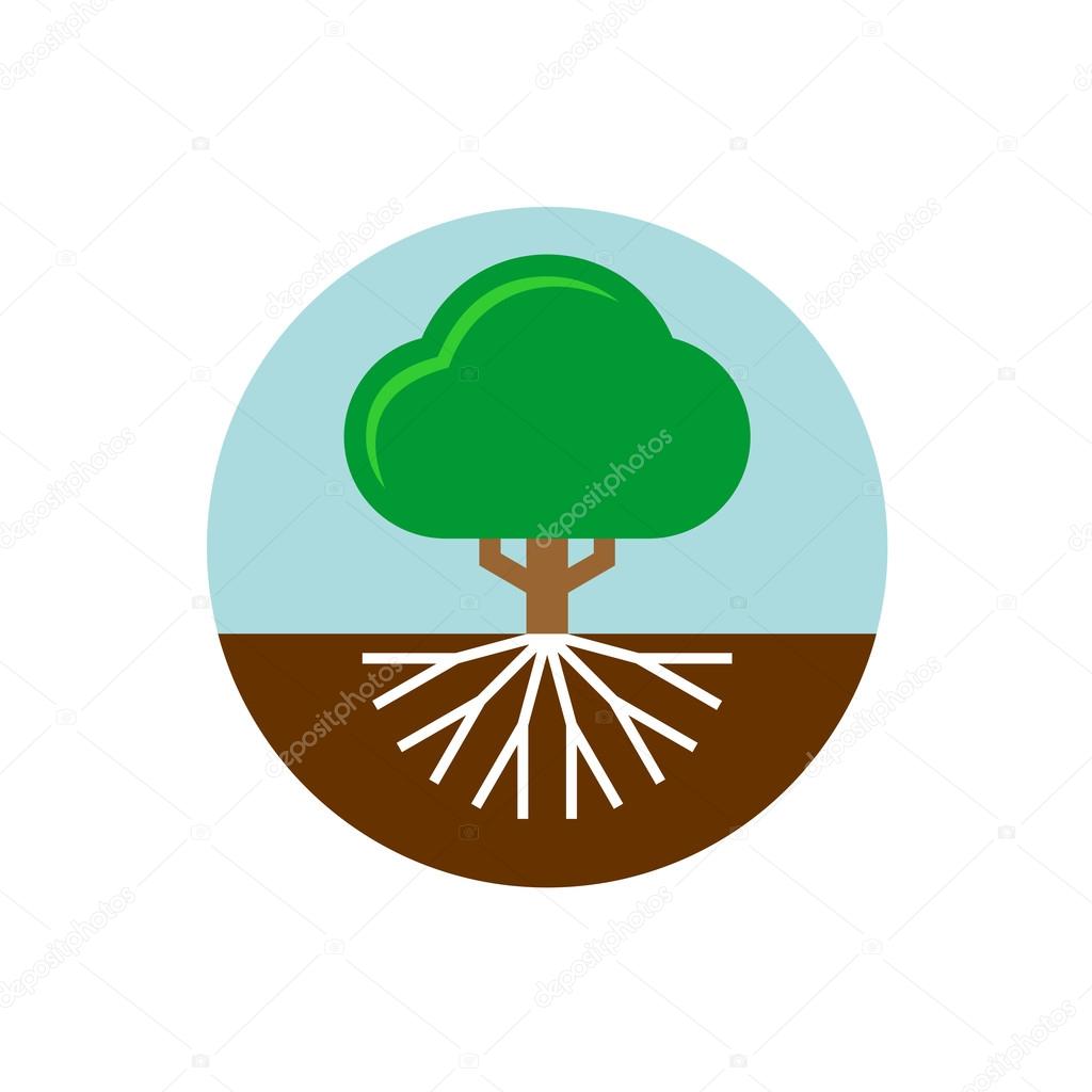 Tree with roots illustration. Trunk and crown.