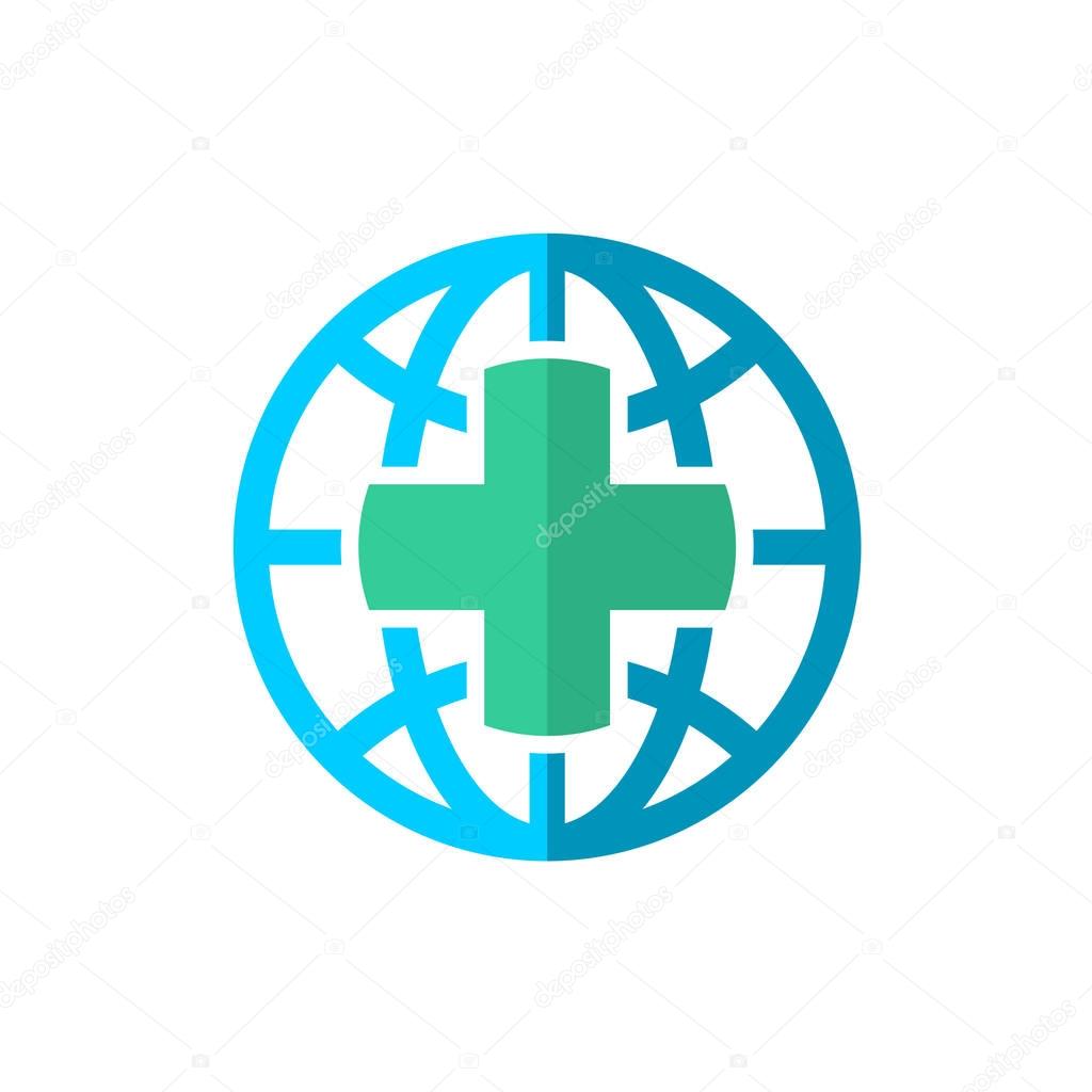 Earth globe logo with medical cross in a center. Travel medicine insurance concept.