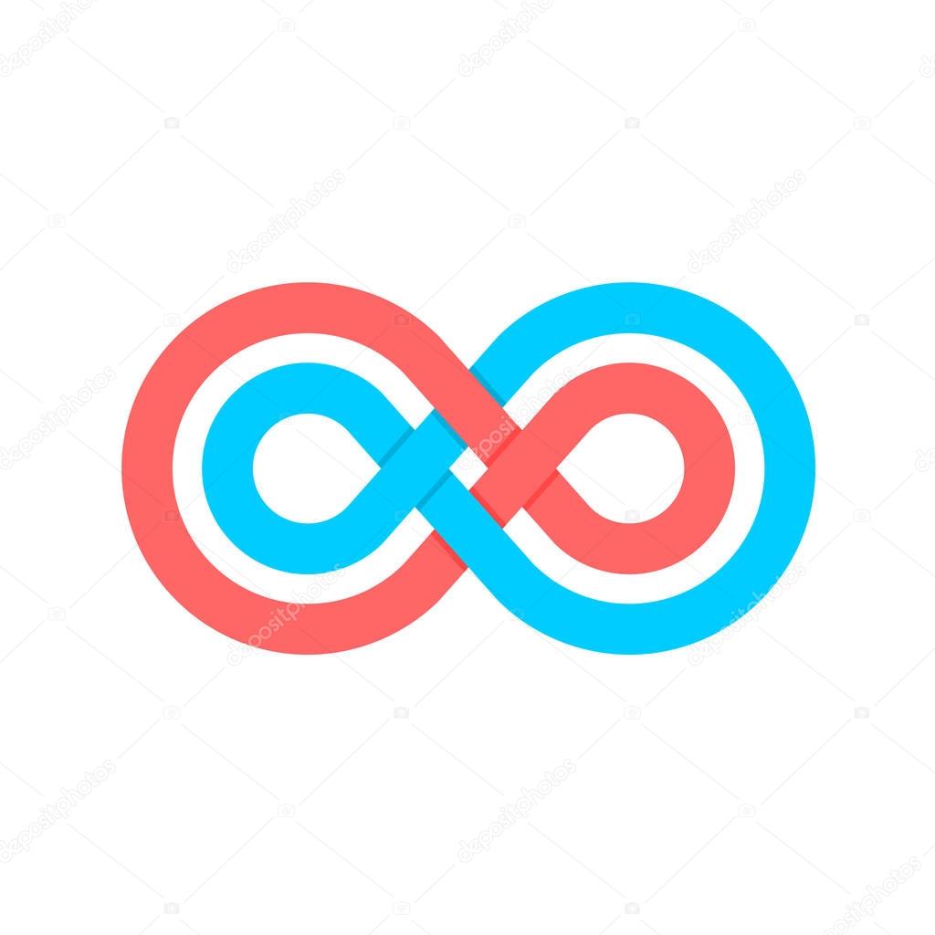 Infinity symbol with two crossed linear shapes. Blue and pink colors.
