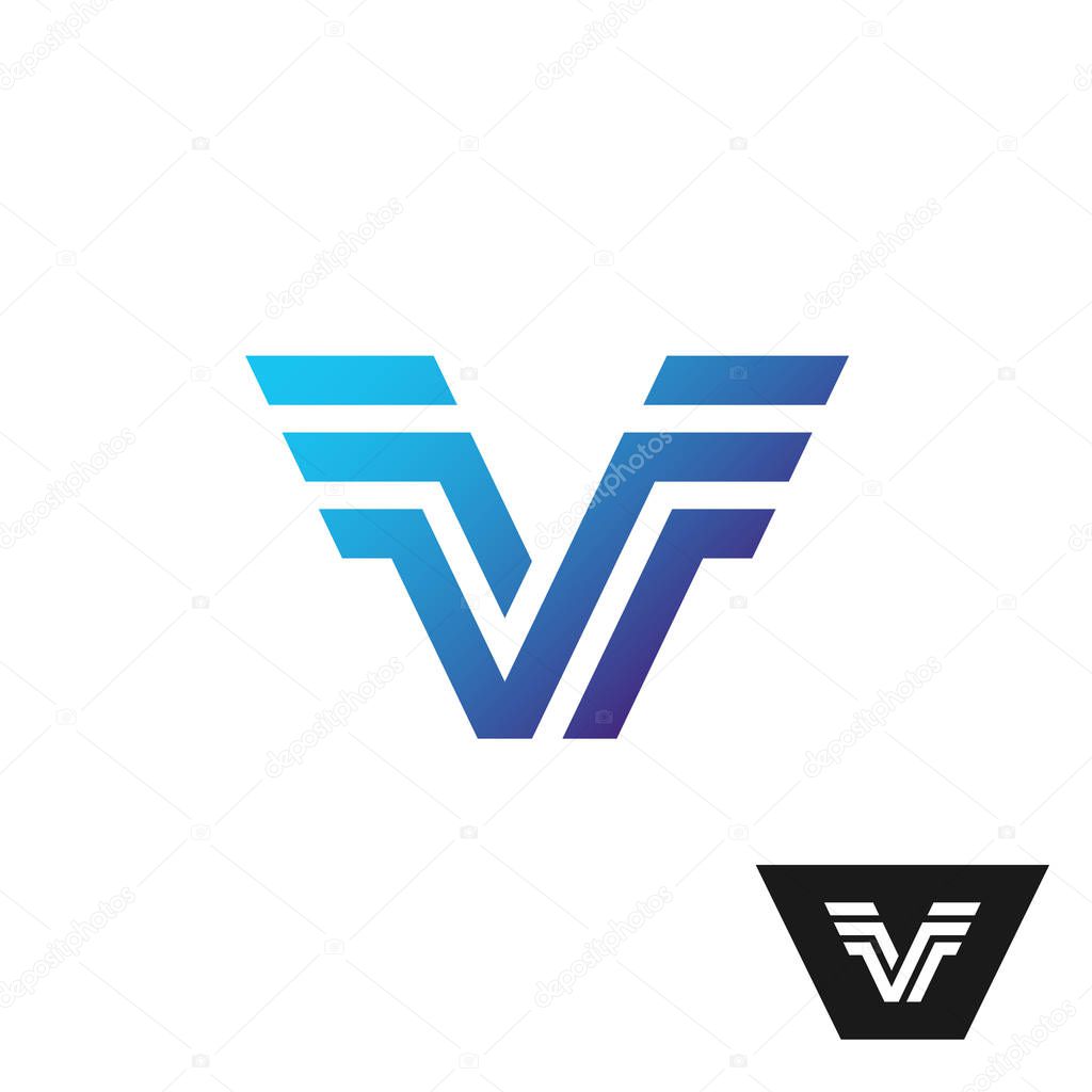 Letter V logo with wings at sides. Technical style parallel lines symbol.