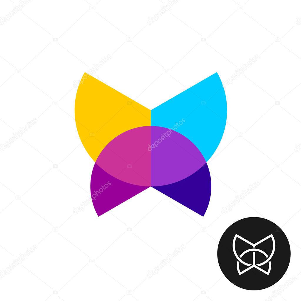 Butterfly logo. Colorful geometric circle sectors overlay butterfly icon.
