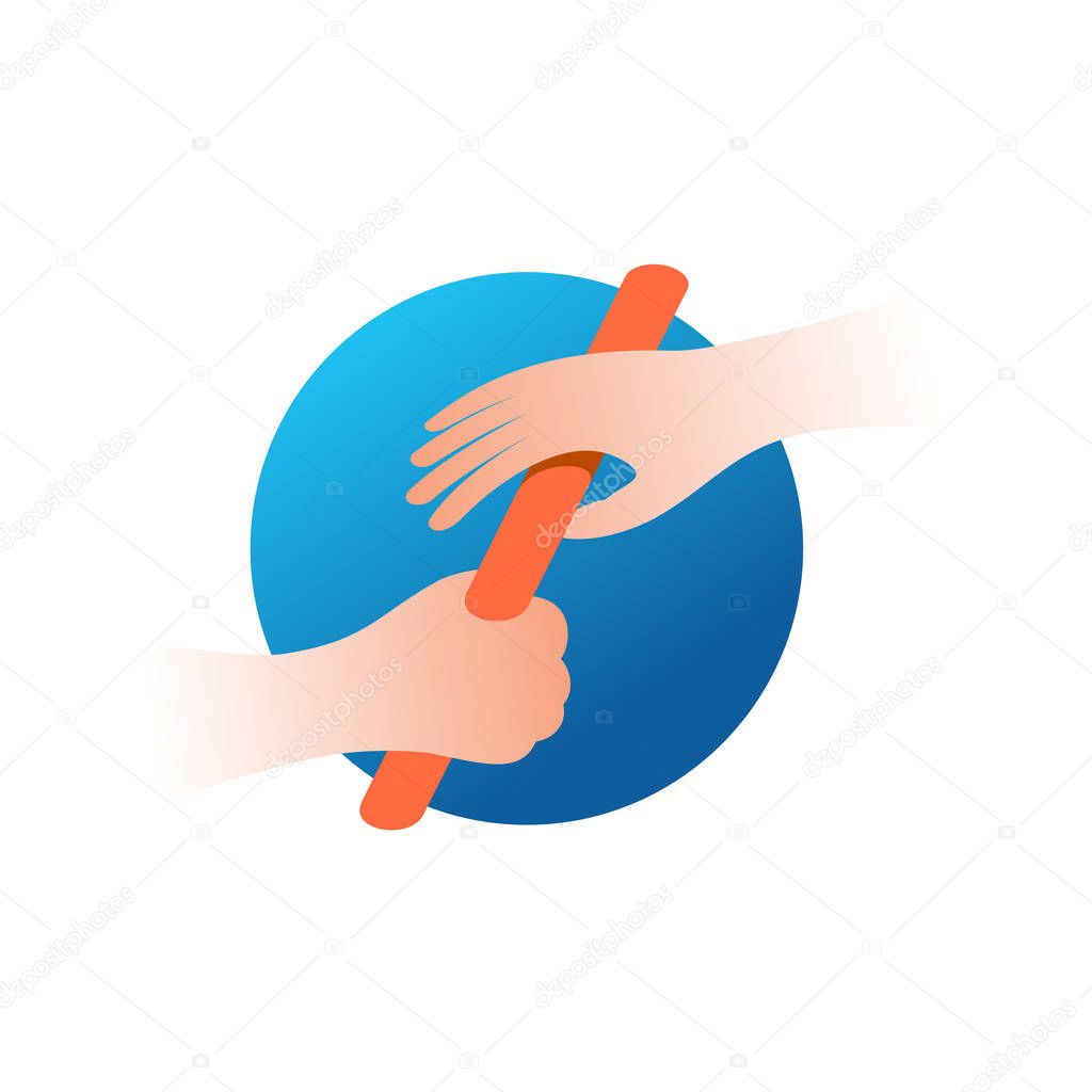 Relay race baton and two hands color illustration. Teamwork run concept logo. Team relay icon.