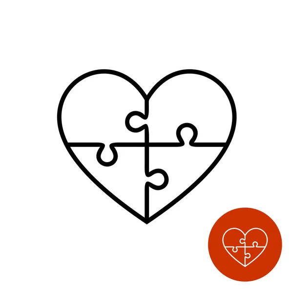 Coração quebra-cabeça logotipo linear dividido em quatro — Vetor de Stock