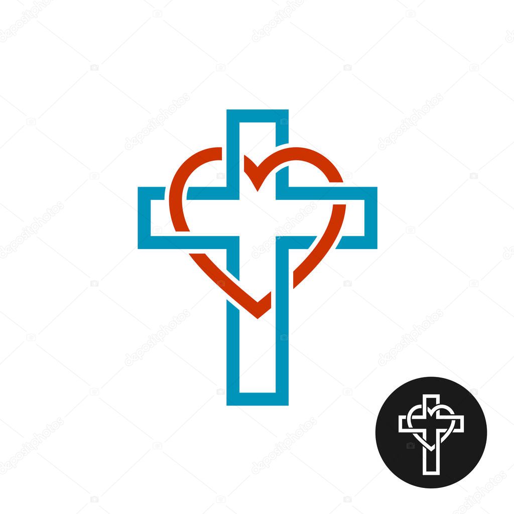 Heart and cross love religion theme logo. Outline tattoo style interlace shapes.