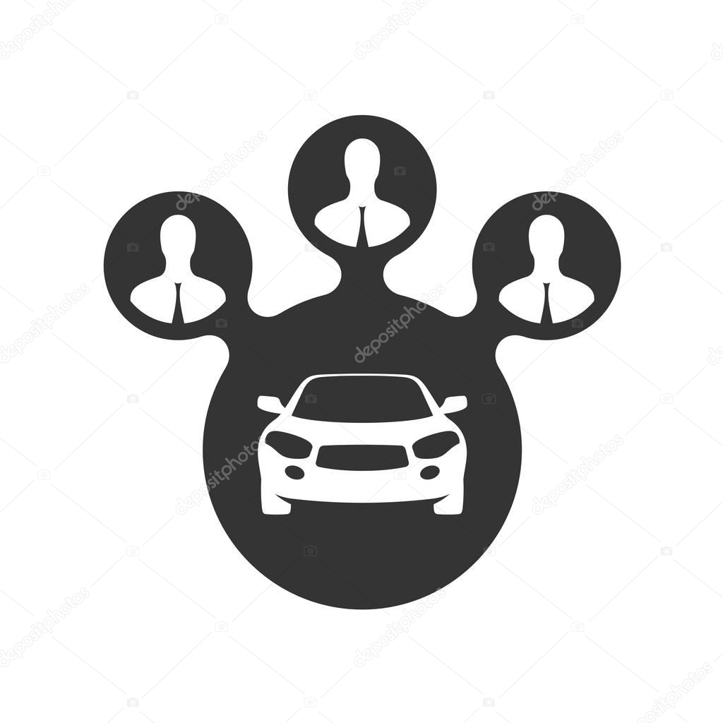 Car sharing icon. Car share with group of people black symbol. Ride share sign. Carsharing conceptual logo.