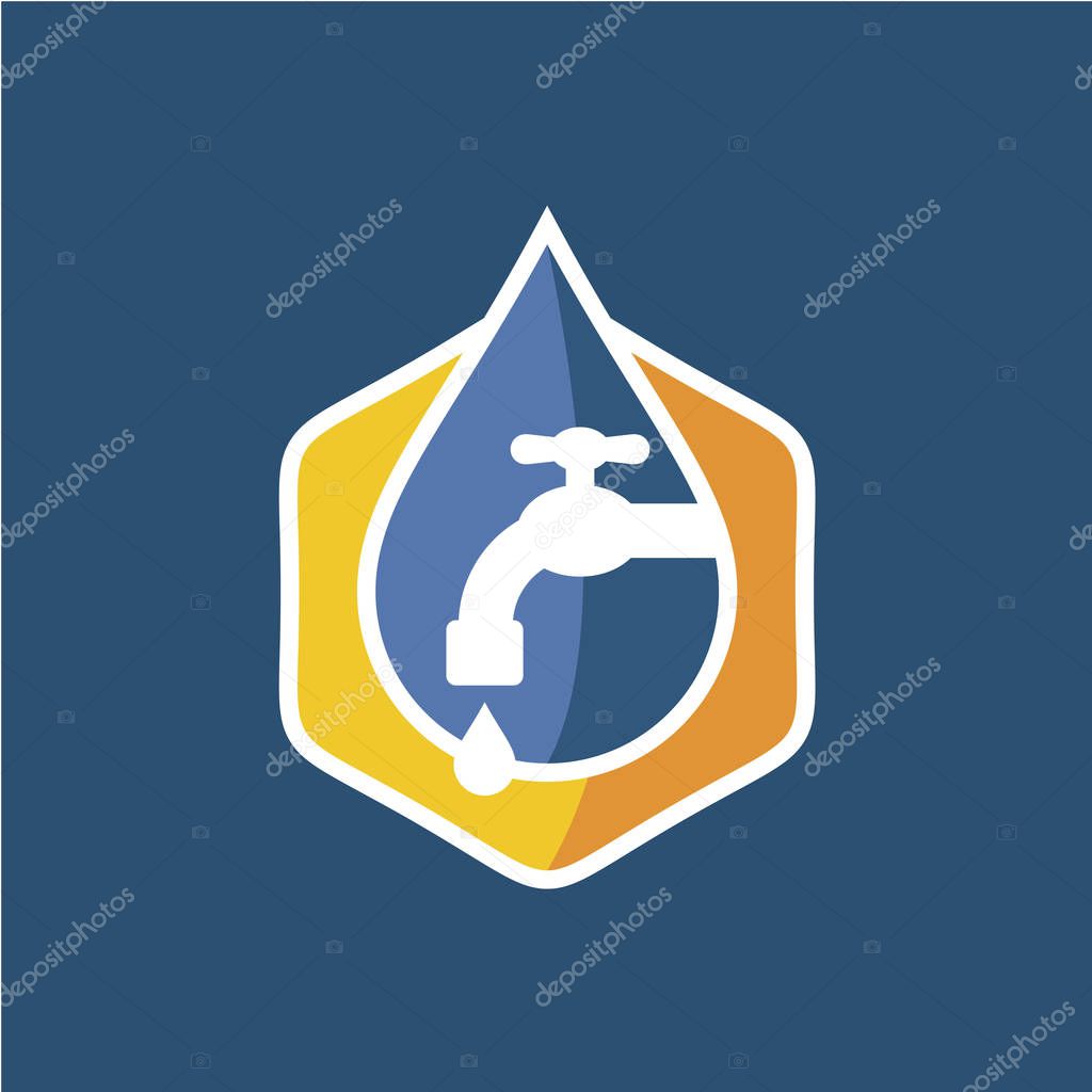 Plumbing logo. Colorful style symbol of water drop with tap and gear silhouettes. Faucet sign with water.