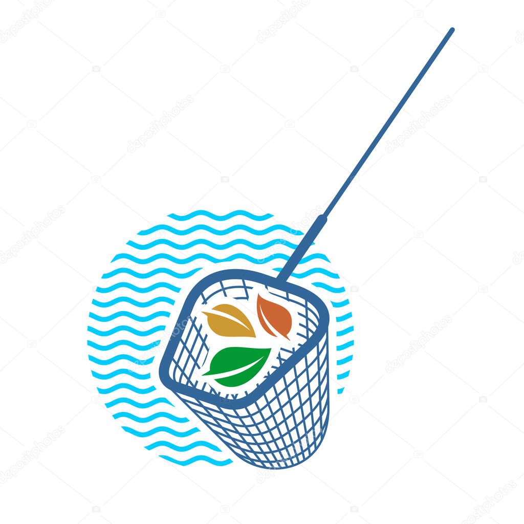 Pool net logo. Pool cleaning net with leaves and water waves behind.