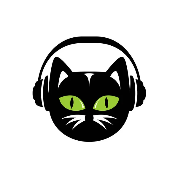 Gato preto com logotipo de fones de ouvido . —  Vetores de Stock