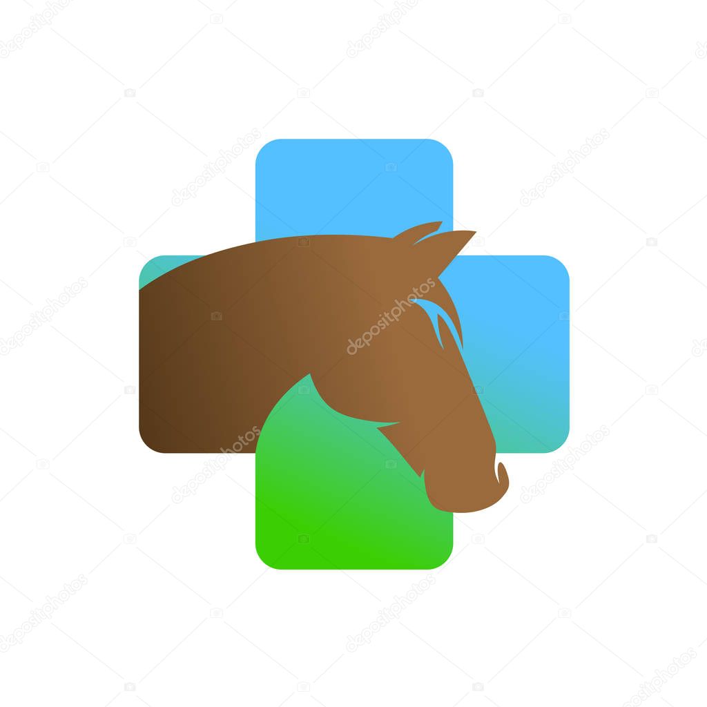 Medical horse logo. Horse head in a medical cross sign. Pet medicine clinic concept.