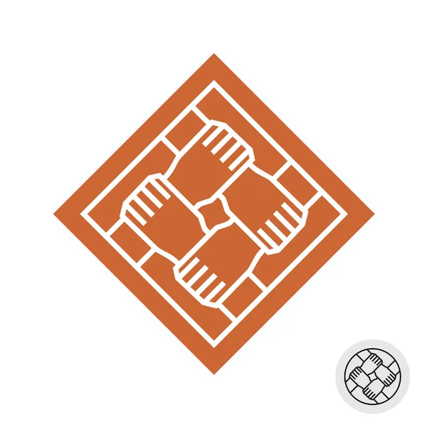4 人の手チームワーク正方形のロゴ. — ストックベクタ