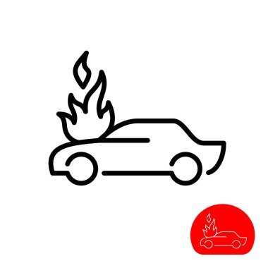 Yanan araba ikonu. Motor kaputunda ateş olan araba hattı tarzı siluet..