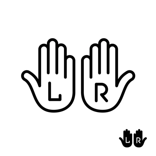 Lewa i prawa dłoń z literami L i R. — Wektor stockowy