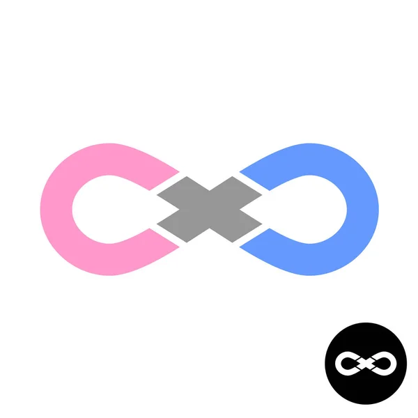 Logotipo infinito con símbolo más o cruz en un centro. Signo concepto amistad masculina y femenina para siempre . — Vector de stock