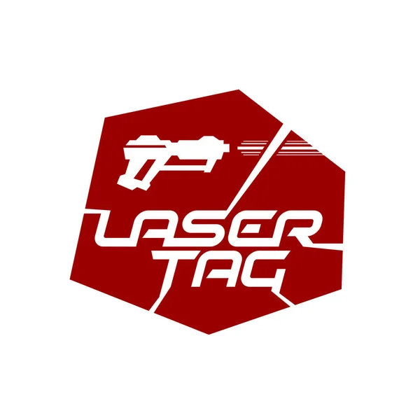 Laser tag παιχνίδι λογότυπο με παίζοντας σιλουέτα όπλο και ακτίνες λέιζερ γύρω. Σύγχρονο σήμα παιδική χαρά όπλο. — Διανυσματικό Αρχείο