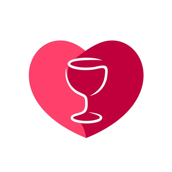 Copo de vinho tinto com figura em forma de coração atrás. Amor tema design de logotipo romântico. Símbolo de vidro de vinho elegante . — Vetor de Stock
