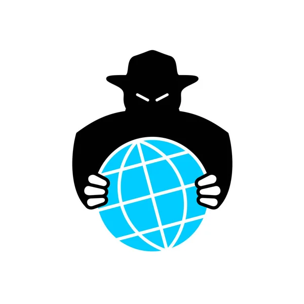 Símbolo de agresor mundial. Silueta negra de una persona malvada desconocida agarrando el globo terráqueo. Logo de conspiración mundial . — Vector de stock