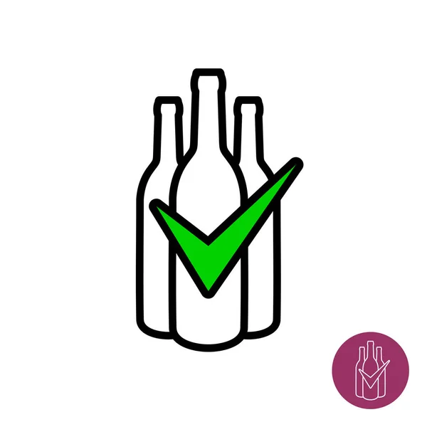 Symbole de contrôle ou d'approbation du vin ou autre alcool. Bouteilles de vin silhouettes avec coche signe. Bonne note boissons logo. Largeur de course réglable . — Image vectorielle